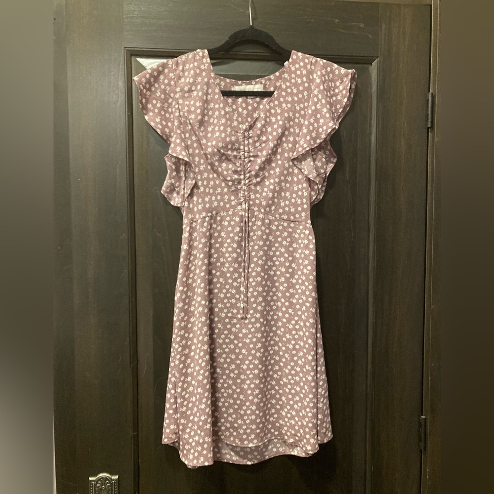 Mauve Floral Midi Dress with Ruffle Sleeves